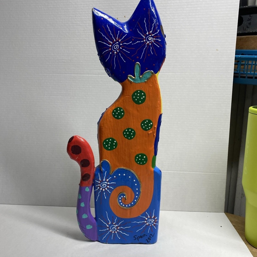 Hand-Painted Wooden Cat Figure Multicolor Folk Art Sculpture - Picture 3 of 14